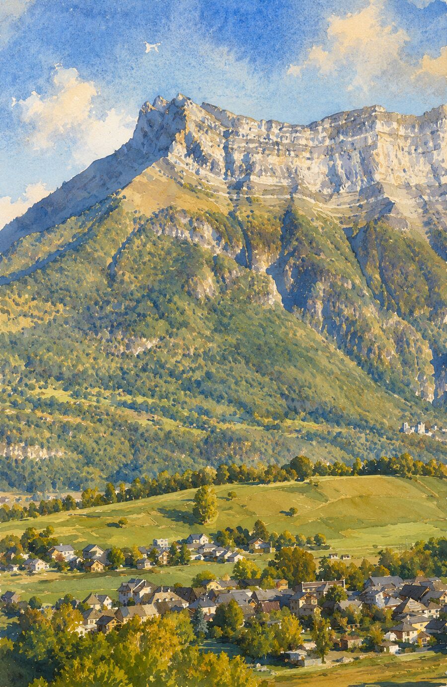 Aquarelle du massif de l'Arclusaz dominant la Combe de Savoie