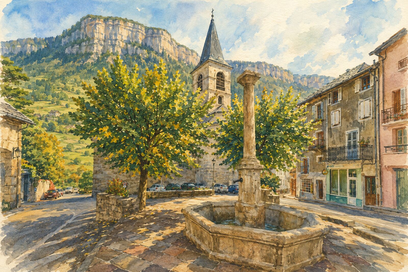 La place de Saint-Pierre d'Albigny, sa fontaine et le clocher de l'église au pied des Bauges